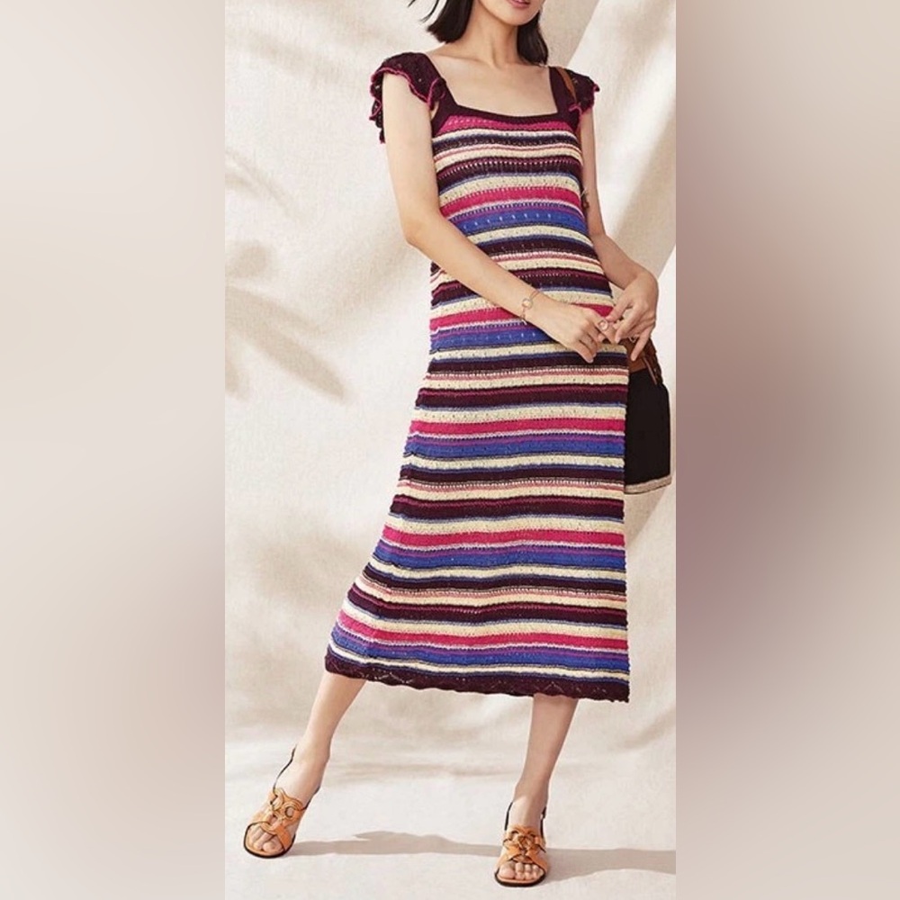 Zara Limited Edition Crochet Colorful Striped Knit Maxi Dress S Boho  Brown S